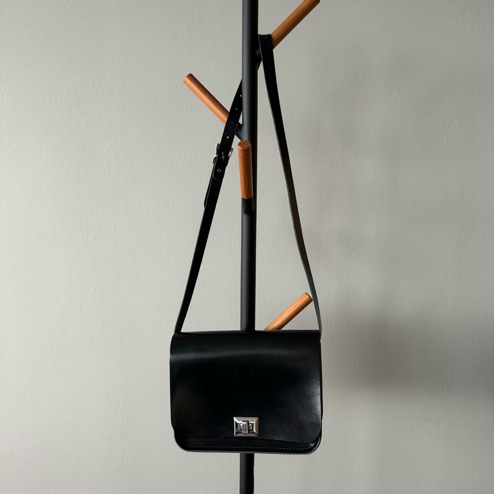 The Leather Satchel Patent Pitch Black Medium Pixie Crossbody Bag - BRAND NEW